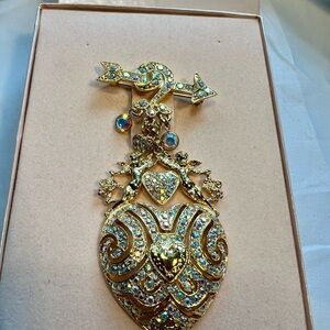 Kirk’s Folly Pin, Hearts & Arrow, charms, cherub, crystals, blue rhinestones.